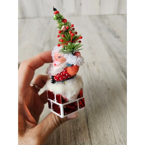 Vintage flocked Santa skier plastic chimney tree ornament beaded Xmas Santa with - Picture 10 of 15
